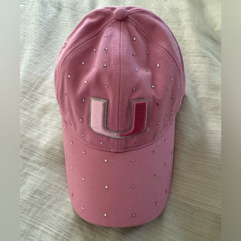 Pink University of Miami hat/ cap with scattered rhinestones.